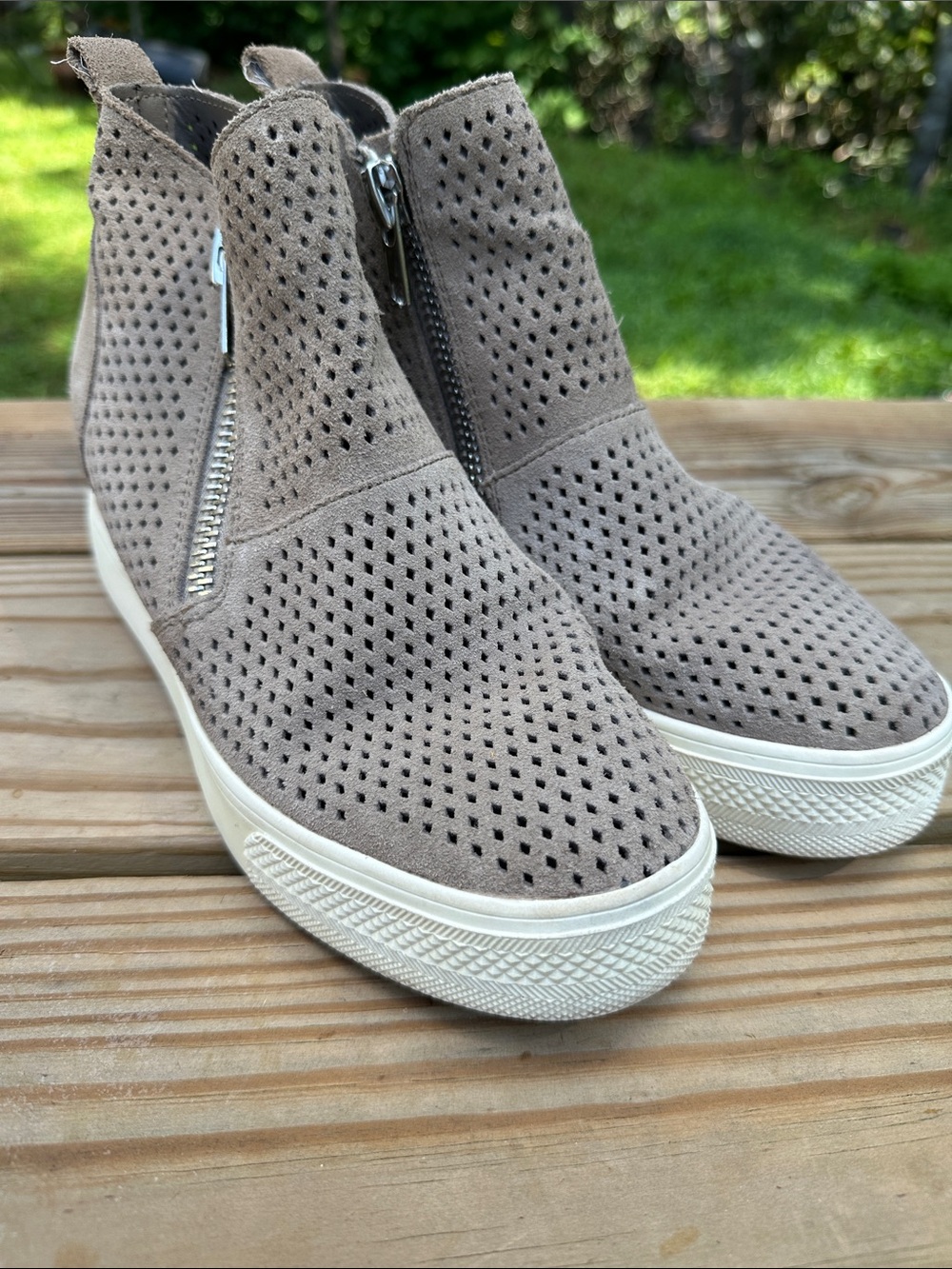 Steve Madden Perforated Taupe Wedge Sneaker Boot with Side Zipper